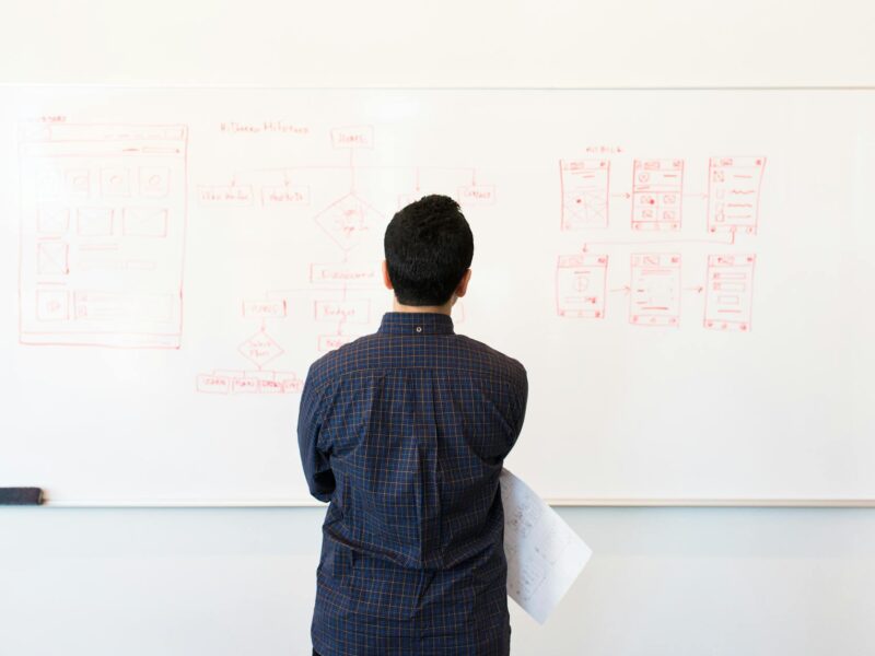 man standing infront of white board